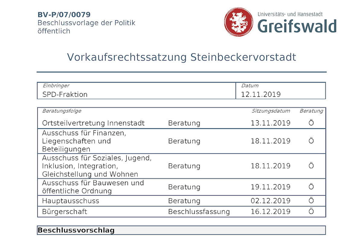 Beschlussvorschlag der SPD zur „Vorkaufsrechtssatzung Steinbeckervorstadt“